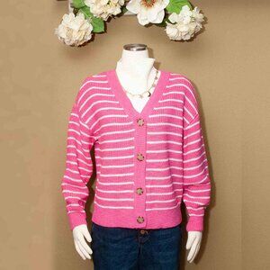 NWT Loft Pink and White Striped Button Up Knit Cardigan size M